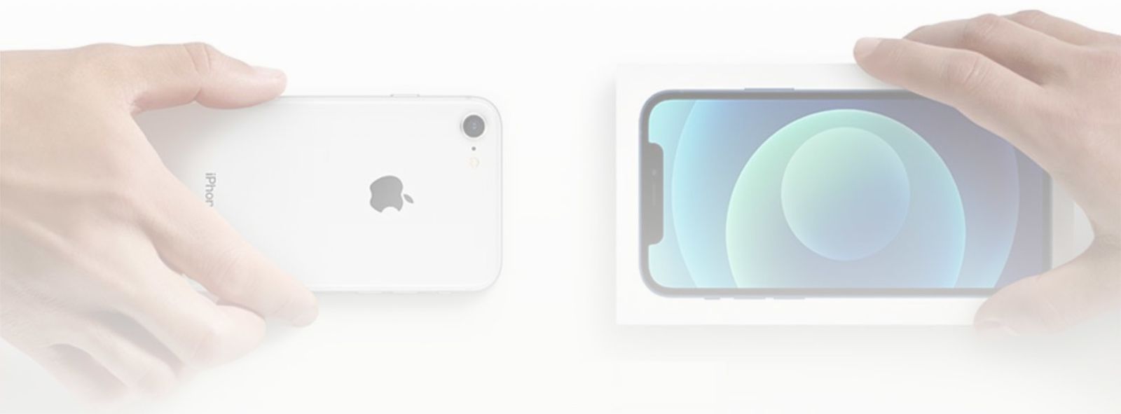 Manos cambian un iPhone usado por uno nuevo en caja, simbolizando la recompra de dispositivos.