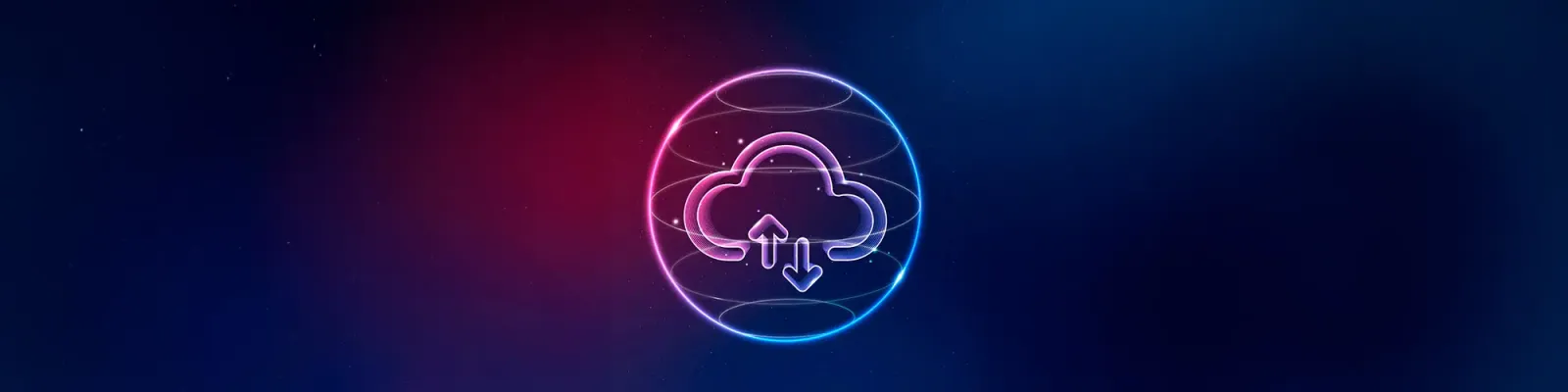 Ilustración futurista de un icono de nube con flechas de carga y descarga dentro de una esfera brillante sobre fondo oscuro, representando la continuidad de negocio
