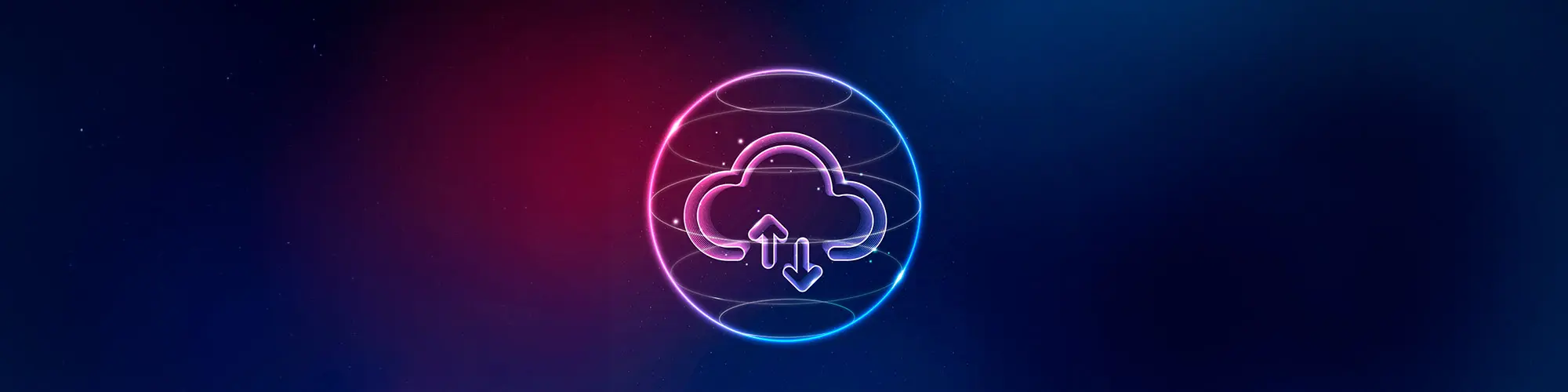 Ilustración futurista de un icono de nube con flechas de carga y descarga dentro de una esfera brillante sobre fondo oscuro, representando la continuidad de negocio