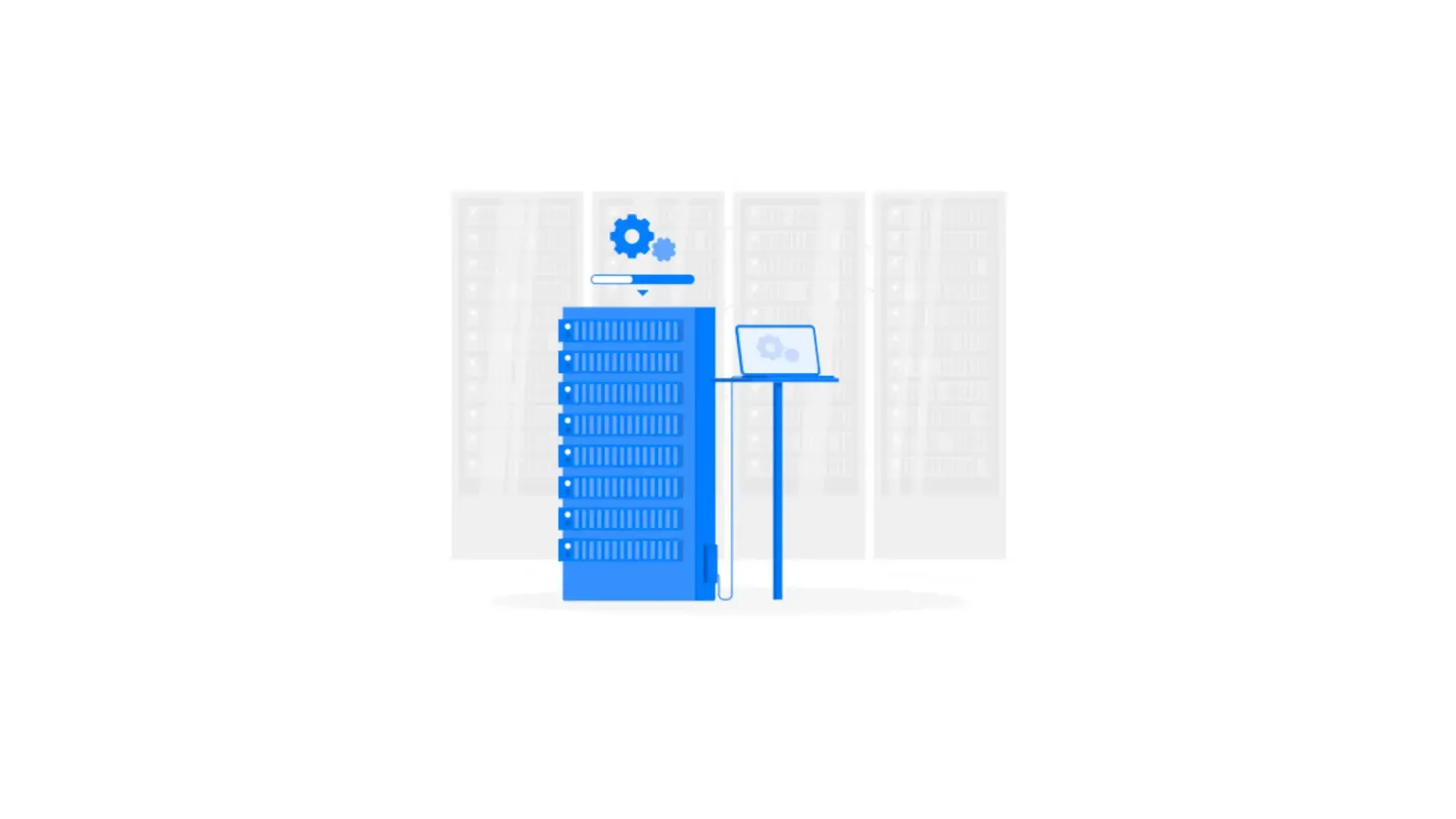 Ilustración plana de un rack de servidores azul con engranajes de configuración y portátil conectado, representando mantenimiento y gestión de infraestructura IT