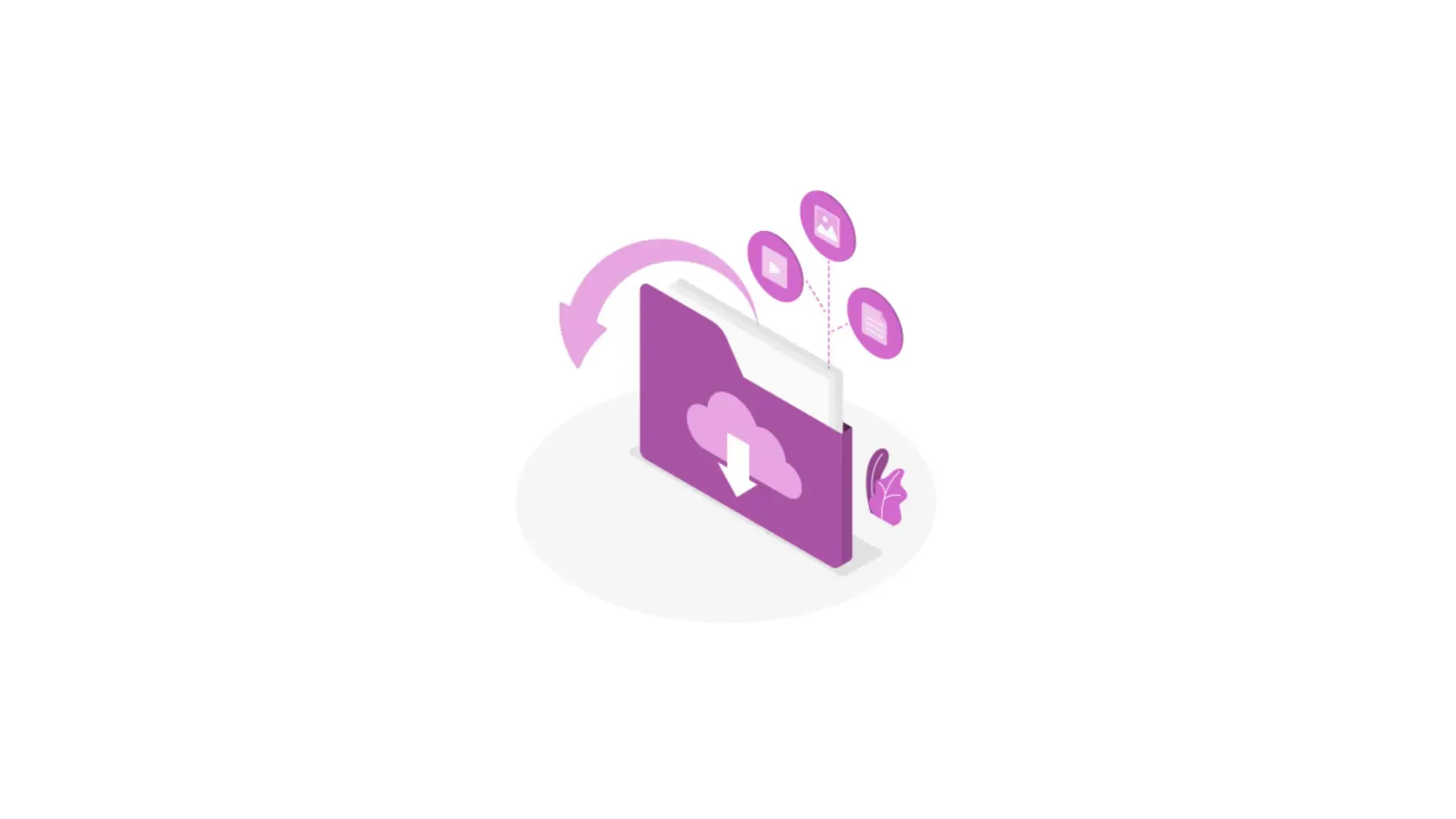 Ilustración isométrica de carpeta morada con nube y archivos, representando copias de seguridad y recuperación de datos.