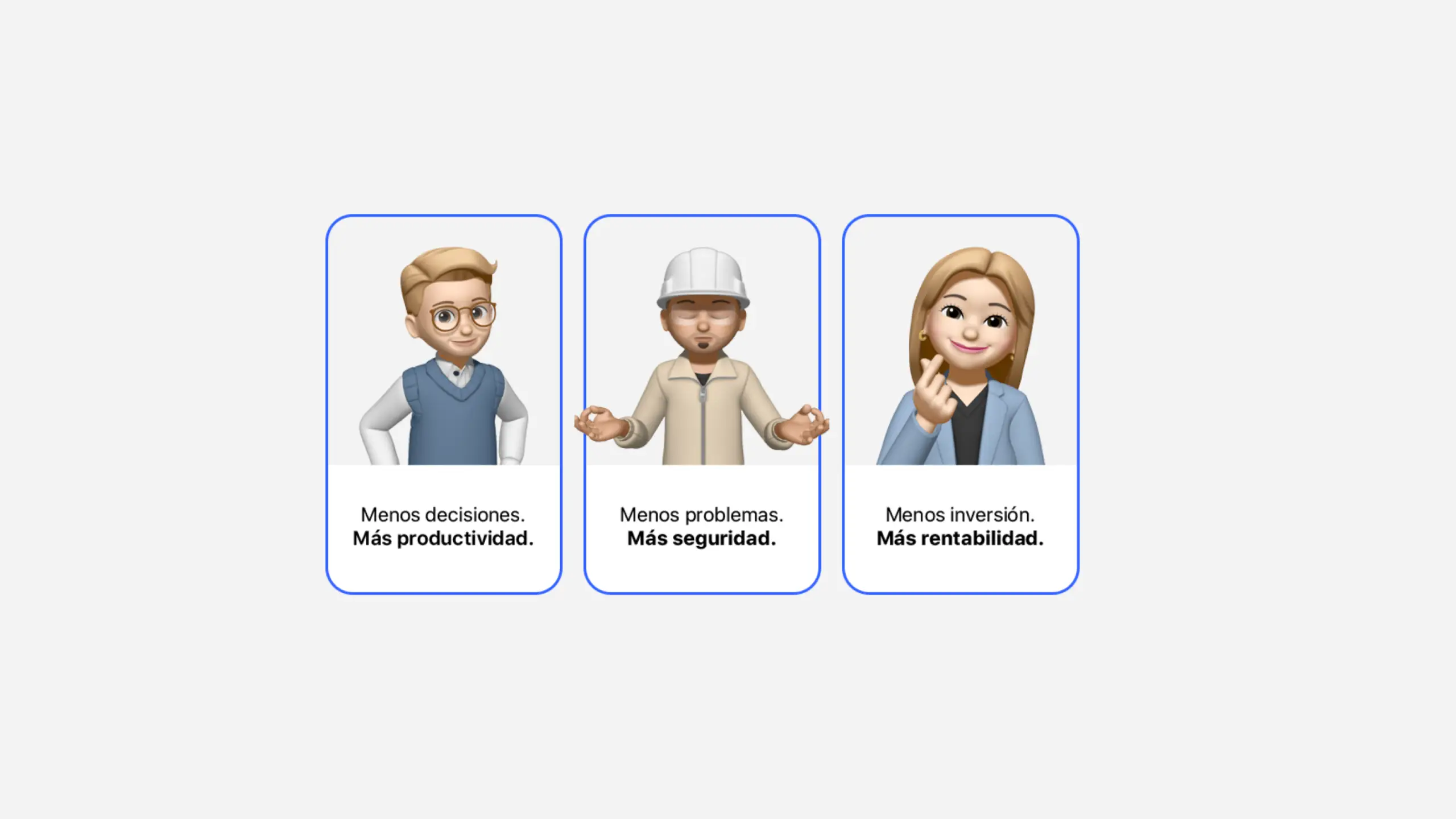 Tres avatares de estilo Memoji con mensajes sobre productividad, seguridad y rentabilidad.