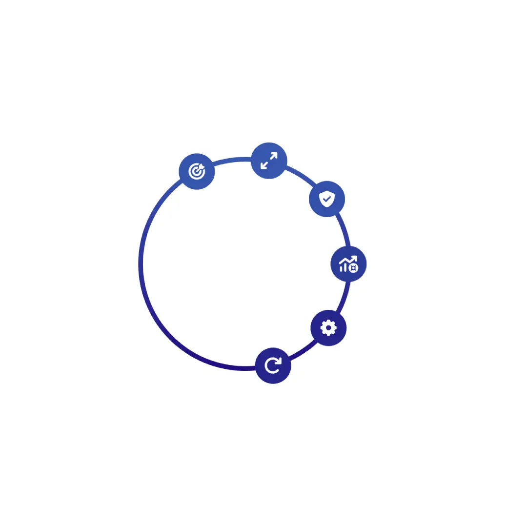 Círculo lineal en degradado azul con seis iconos blancos representando etapas de un proceso técnico.