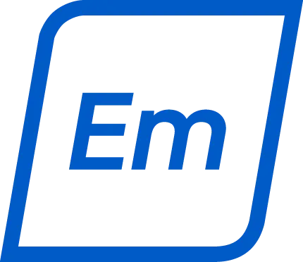 Icono lineal azul con siglas 'Em', representando seguridad de correo electrónico y protección anti-phishing.
