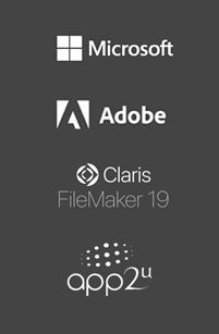 Logotipos en blanco de Microsoft, Adobe, Claris FileMaker 19 y app2u sobre fondo gris oscuro.