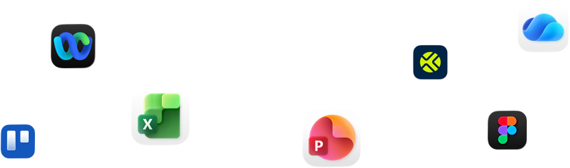 Varios iconos de apps en una composición desordenada, como Webex, Microsoft Excel y Figma