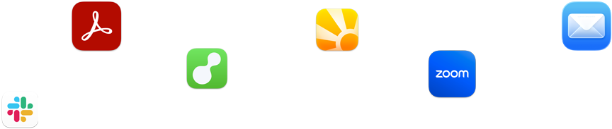 Varios iconos de apps en una composición desordenada, como Slack, Zoom y Mail