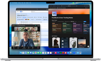 MacBook Air, pantalla con Notion, Jira y Zoom en tres ventanas independientes, ejemplo de la fluidez con la que macOS ejecuta varias apps