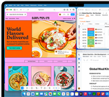 MacBook Air, pantalla con Figma, Zoho y Quip en tres ventanas independientes, ejemplo de la multitarea