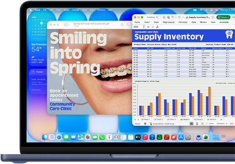 Pantalla de un MacBook Neo, muestra cómo macOS mantiene el software al día con actualizaciones automáticas, un anuncio de un ortodoncista se muestra en Vista Previa y un análisis de costes del tercer trimestre en Excel