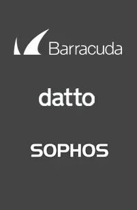 Logotipos en blanco de Barracuda, Datto y Sophos sobre fondo gris oscuro.