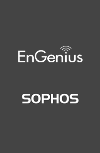 Logotipos en blanco de EnGenius y Sophos sobre un fondo gris oscuro."