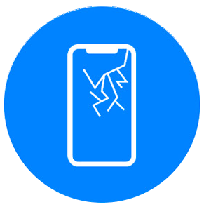 Icono de smartphone con pantalla rota sobre fondo azul, simbolizando cobertura a todo riesgo o daños accidentales.